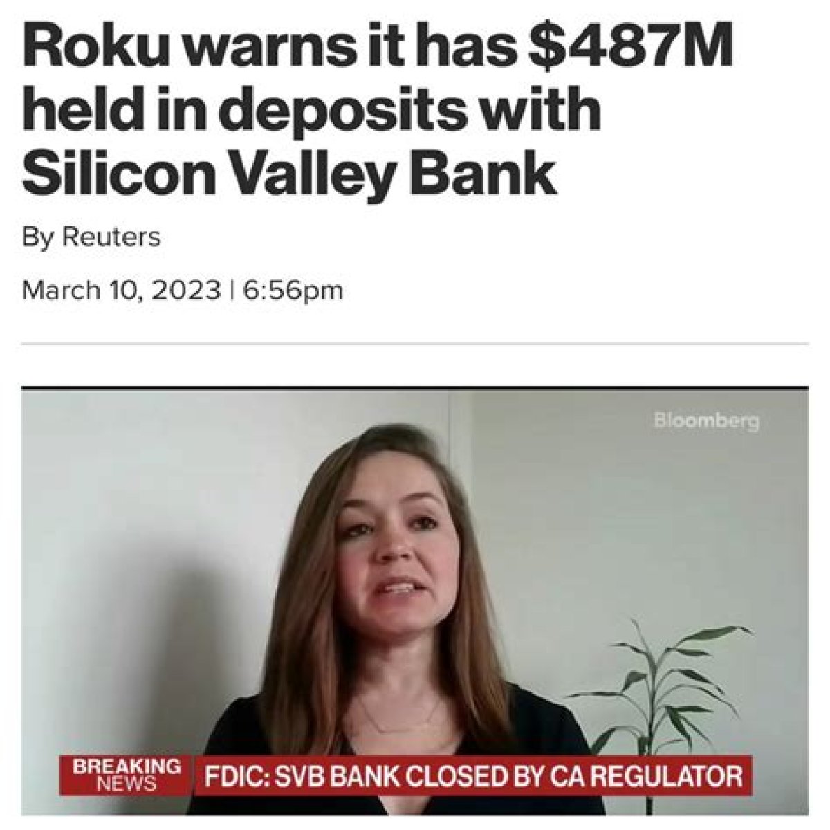 Roku warns $487M held in deposits with Silicon Valley Bank